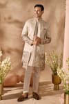 Shop_Arihant Rai Sinha_Beige Silk Embroidery Art Sherwani Set _at_Aza_Fashions