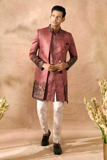 Buy_Arihant Rai Sinha_Pink Silk Embroidery Sherwani Jacket Set _at_Aza_Fashions
