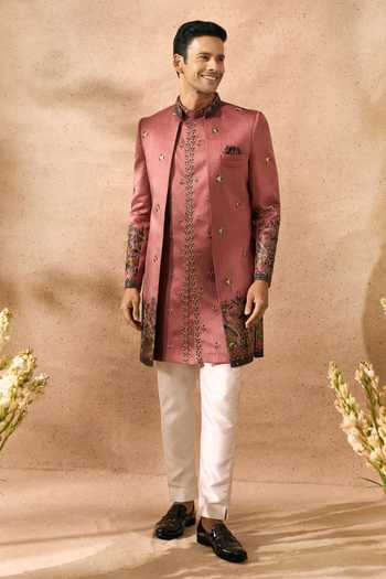 Buy_Arihant Rai Sinha_Pink Silk Embroidery Sherwani Jacket Set _Online_at_Aza_Fashions