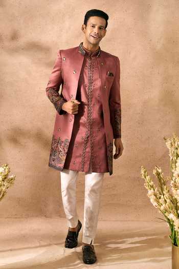 Shop_Arihant Rai Sinha_Pink Silk Embroidery Sherwani Jacket Set _Online_at_Aza_Fashions