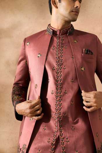 Arihant Rai Sinha_Pink Silk Embroidery Sherwani Jacket Set _at_Aza_Fashions