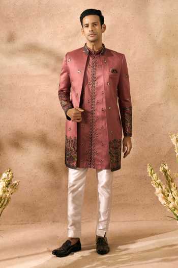 Shop_Arihant Rai Sinha_Pink Silk Embroidery Sherwani Jacket Set 