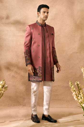 Shop_Arihant Rai Sinha_Pink Silk Embroidery Sherwani Jacket Set _Online