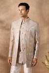 Buy_Arihant Rai Sinha_Grey Silk, Dupion Embroidery Floral Pattern Sherwani Set _Online_at_Aza_Fashions