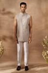 Arihant Rai Sinha_Grey Silk, Dupion Embroidery Floral Pattern Sherwani Set _at_Aza_Fashions