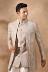 Shop_Arihant Rai Sinha_Grey Silk, Dupion Embroidery Floral Pattern Sherwani Set 