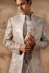 Arihant Rai Sinha_Grey Silk, Dupion Embroidery Floral Pattern Sherwani Set _Online