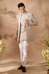 Shop_Arihant Rai Sinha_Grey Silk, Dupion Embroidery Floral Pattern Sherwani Set _Online
