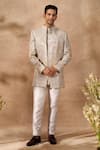 Shop_Arihant Rai Sinha_Grey Silk, Dupion Embroidery Floral Pattern Sherwani Set _at_Aza_Fashions