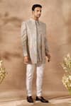 Arihant Rai Sinha_Grey Silk, Dupion Embroidery Floral Pattern Sherwani Set 