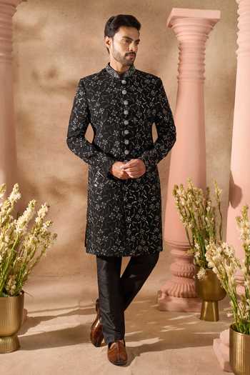 Buy_Arihant Rai Sinha_Black Silk Embroidery Sherwani And Pant Set _at_Aza_Fashions