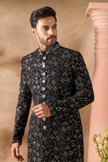 Buy_Arihant Rai Sinha_Black Silk Embroidery Sherwani And Pant Set _Online_at_Aza_Fashions