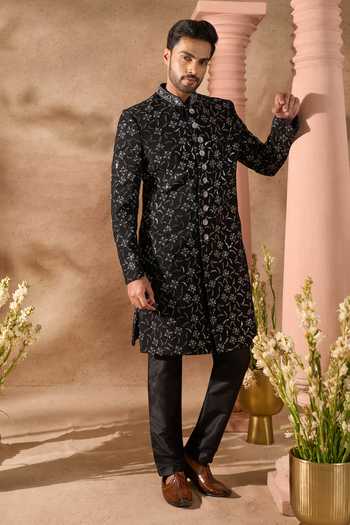 Shop_Arihant Rai Sinha_Black Silk Embroidery Sherwani And Pant Set _Online_at_Aza_Fashions