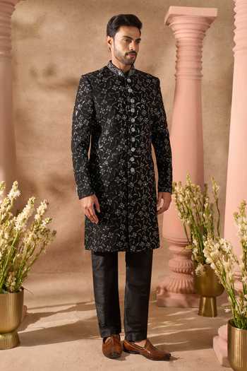 Arihant Rai Sinha_Black Silk Embroidery Sherwani And Pant Set _at_Aza_Fashions