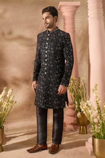 Shop_Arihant Rai Sinha_Black Silk Embroidery Sherwani And Pant Set 