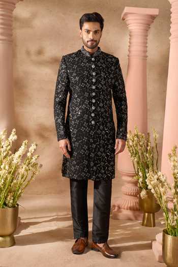 Arihant Rai Sinha_Black Silk Embroidery Sherwani And Pant Set _Online