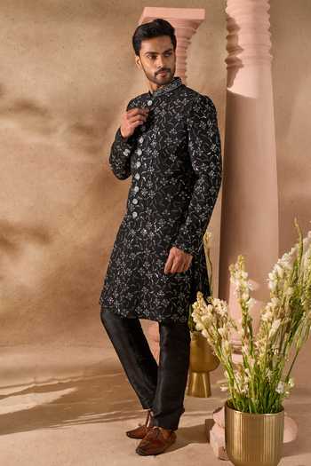 Shop_Arihant Rai Sinha_Black Silk Embroidery Sherwani And Pant Set _Online