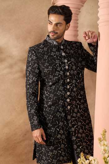 Arihant Rai Sinha_Black Silk Embroidery Sherwani And Pant Set 