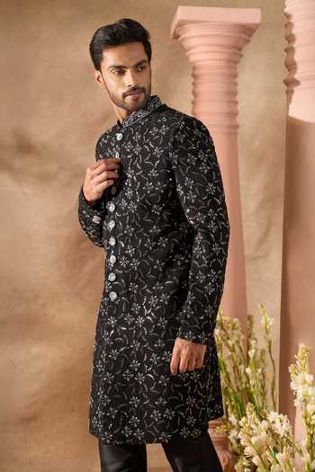 Arihant Rai Sinha_Black Silk Embroidery Sherwani And Pant Set 