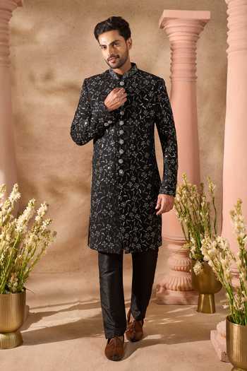 Arihant Rai Sinha_Black Silk Embroidery Sherwani And Pant Set 