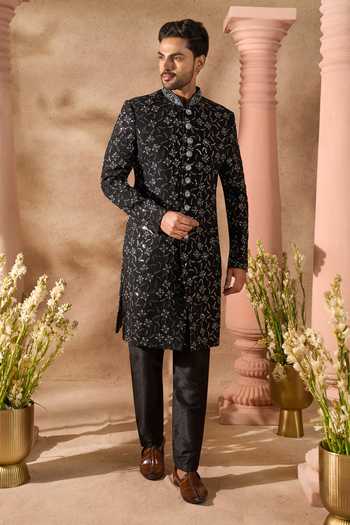 Arihant Rai Sinha_Black Silk Embroidery Sherwani And Pant Set 
