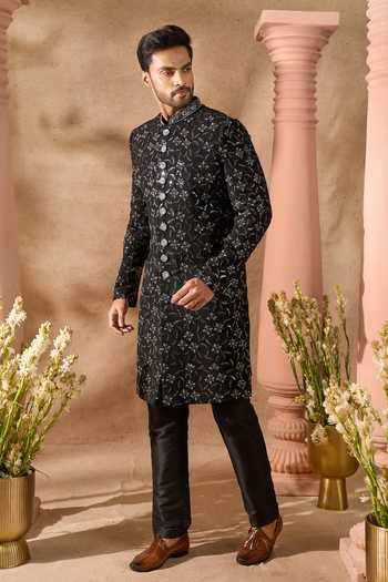 Arihant Rai Sinha_Black Silk Embroidery Sherwani And Pant Set 