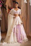 Buy_Shwetanga_Ivory Cotton, Organza Embroidery, Pearls Sweetheart Neck Layered Lehenga Set _at_Aza_Fashions
