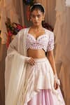Shwetanga_Ivory Cotton, Organza Embroidery, Pearls Sweetheart Neck Layered Lehenga Set _at_Aza_Fashions