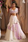 Shwetanga_Ivory Cotton, Organza Embroidery, Pearls Sweetheart Neck Layered Lehenga Set _Online