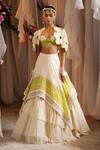 Buy_Shwetanga_Ivory Organza, Crepe Fabric Flowers, Pearls, Tassels Two Tone Lehenga Cape Set _Online_at_Aza_Fashions