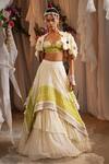 Buy_Shwetanga_Ivory Organza, Crepe Fabric Flowers, Pearls, Tassels Two Tone Lehenga Cape Set _at_Aza_Fashions
