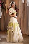 Shwetanga_Ivory Organza, Crepe Fabric Flowers, Pearls, Tassels Two Tone Lehenga Cape Set _at_Aza_Fashions
