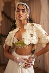Buy_Shwetanga_Ivory Organza, Crepe Fabric Flowers, Pearls, Tassels Two Tone Lehenga Cape Set 