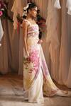 Shwetanga_Pink Cotton, Organza Lace Square Neck Floral Print Saree With Blouse _Online_at_Aza_Fashions