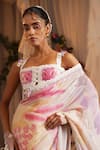 Buy_Shwetanga_Pink Cotton, Organza Lace Square Neck Floral Print Saree With Blouse 