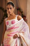 Shwetanga_Pink Cotton, Organza Lace Square Neck Floral Print Saree With Blouse _Online