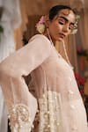 Shop_Shwetanga_Ivory Organza Beads, Pearls, Tassels, Fabric Flowers, Applique Sheer Kurta Set _Online_at_Aza_Fashions