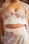 Shwetanga_Ivory Cotton, Organza, Tulle Fringe, Fabric Flowers Floral Print Cape Set _Online
