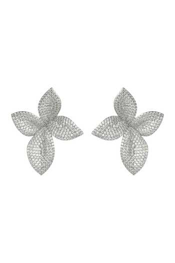 Shop_Prihan Luxury Jewelry_Silver Plated Floral Pave Earrings _at_Aza_Fashions