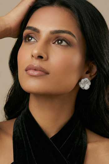 Buy_Prihan Luxury Jewelry_Silver Plated Stones Floral Pave Stud Earrings _at_Aza_Fashions