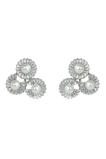 Shop_Prihan Luxury Jewelry_Silver Plated Pearls, Stones, Crystals Halo Stud Earrings _at_Aza_Fashions