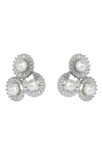 Prihan Luxury Jewelry_Silver Plated Pearls, Stones, Crystals Halo Stud Earrings _Online_at_Aza_Fashions