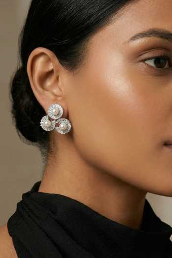 Buy_Prihan Luxury Jewelry_Silver Plated Pearls, Stones, Crystals Halo Stud Earrings _at_Aza_Fashions