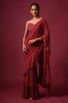Buy_Mehak Murpana_Red Georgette Embroidery Sweetheart Neck Pre-draped Ruffle Saree With Blouse _at_Aza_Fashions