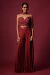 Buy_Mehak Murpana_Burgundy Georgette Embroidery, Sequins, Beads Sweetheart Neck Bustier Pant Set _at_Aza_Fashions