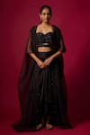 Buy_Mehak Murpana_Black Organza, Satin Sequins Sweetheart Neck Embroidered Cape Skirt Set _at_Aza_Fashions