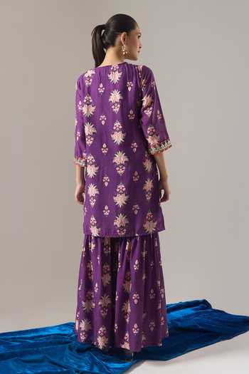 Shop_Samyukta Singhania_Purple Chanderi Silk, Chiffon Lace, Zari, Floral Print Kurta Sharara Set _at_Aza_Fashions