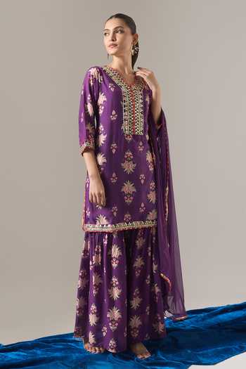 Samyukta Singhania_Purple Chanderi Silk, Chiffon Lace, Zari, Floral Print Kurta Sharara Set _Online_at_Aza_Fashions