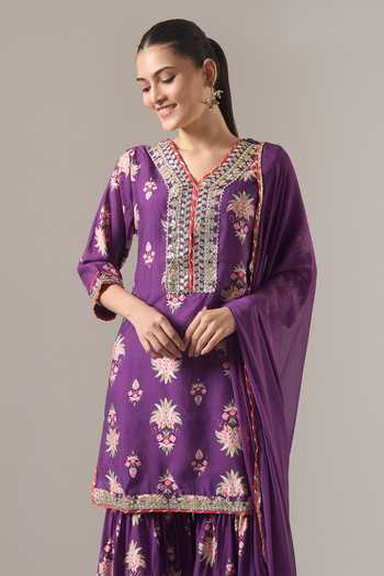 Buy_Samyukta Singhania_Purple Chanderi Silk, Chiffon Lace, Zari, Floral Print Kurta Sharara Set _Online_at_Aza_Fashions