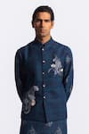 Buy_Balance by Rohit Bal_Blue Linen Embroidery Safari Pattern Bundi _at_Aza_Fashions